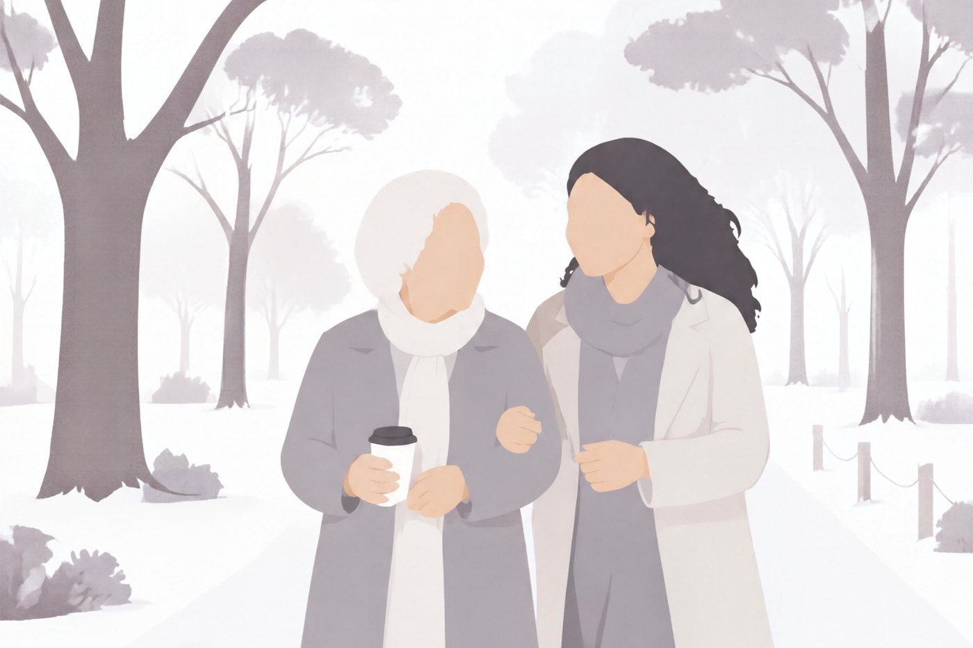Illustration of an older woman and a younger woman walking arm in arm on a tree-lined path